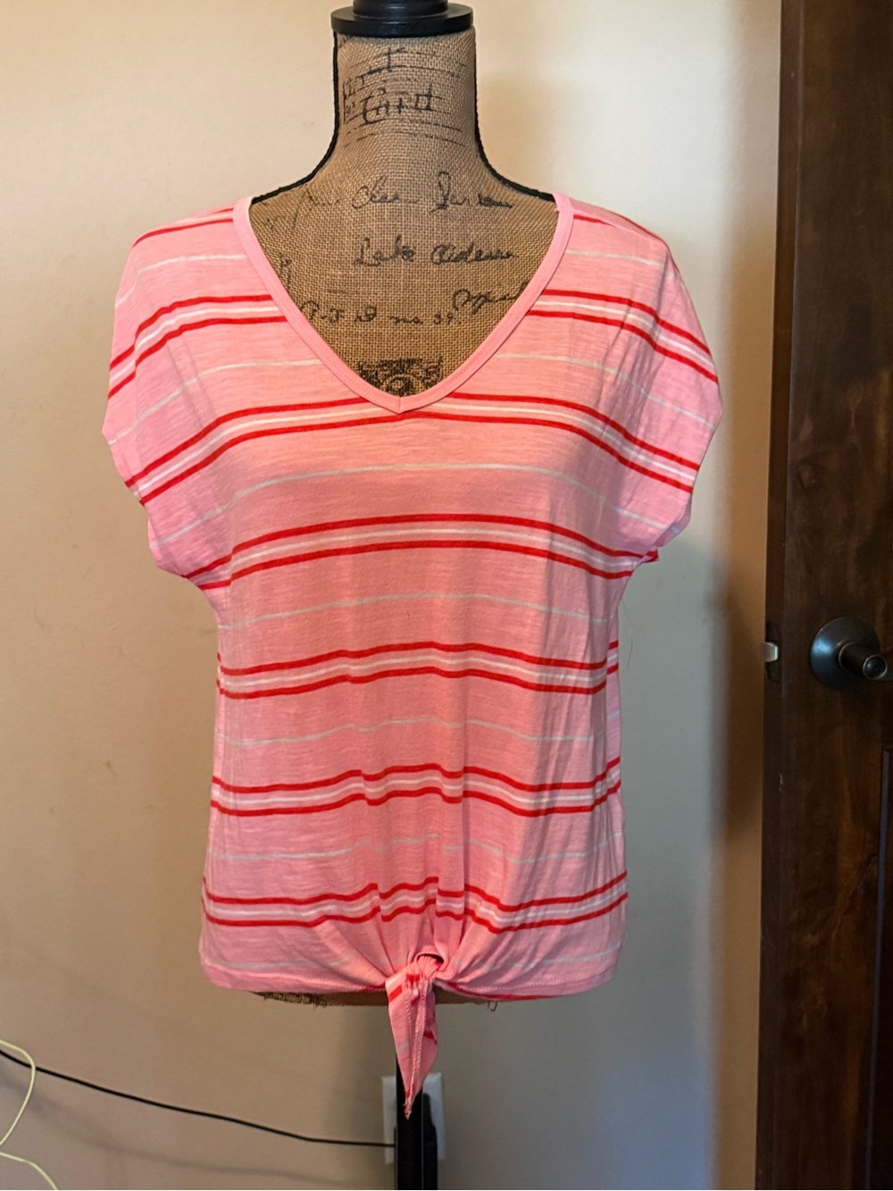 Style & Co. Pink Striped V-Neck Tie-Hem Short Sleeve Top